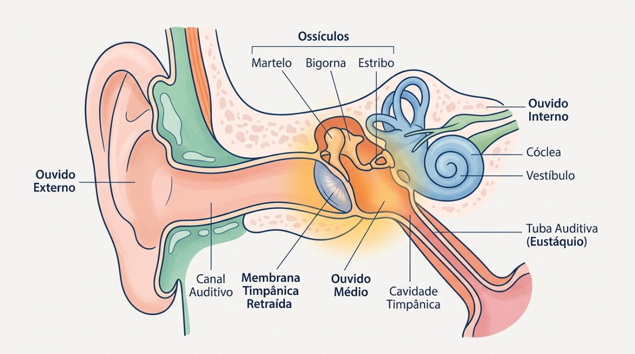 A diferença de pressão entre o ouvido médio e o ambiente pode causar dor e, em casos intensos, lesionar o tímpano.