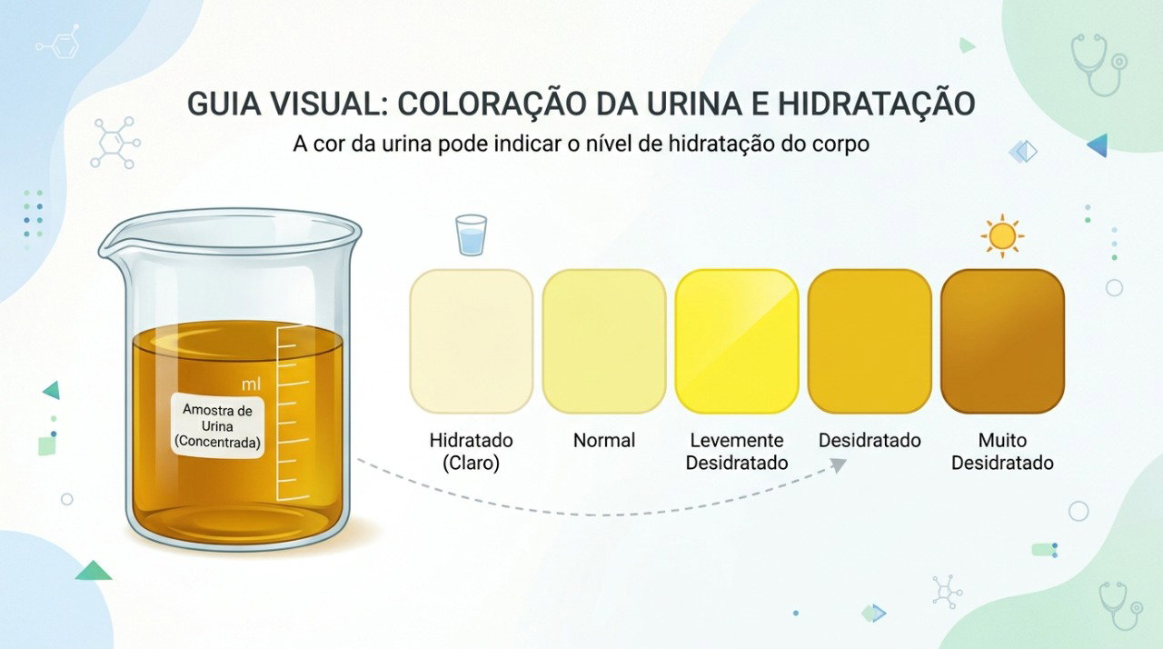A urina amarelo-escura pode indicar maior concentração e necessidade de hidratação.