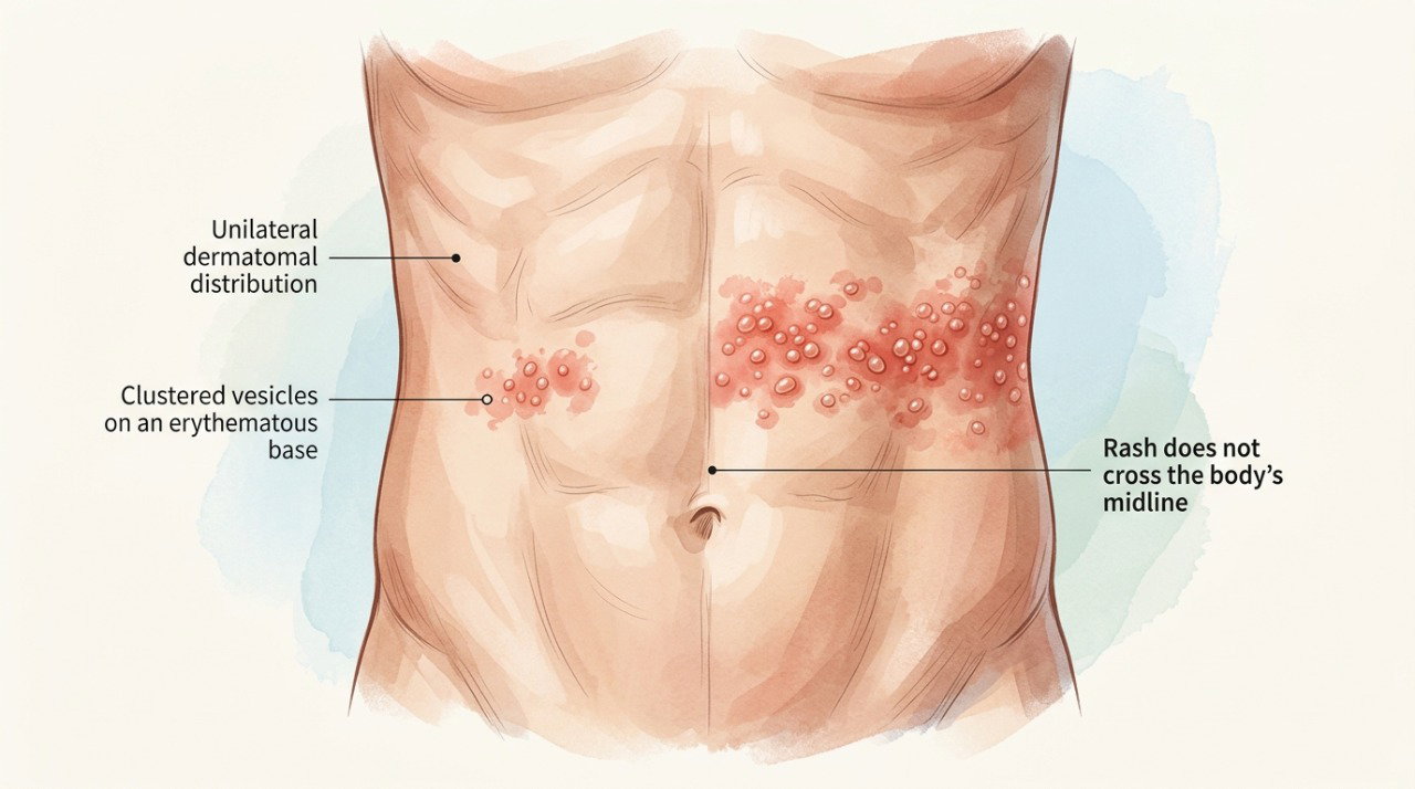 No herpes-zóster, as bolhas geralmente formam uma faixa dolorida que não ultrapassa a linha central do corpo.