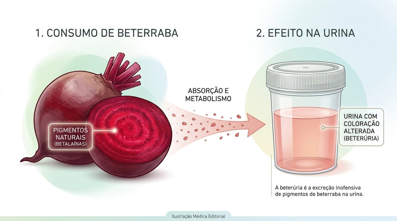 Os pigmentos naturais da beterraba podem ser eliminados pela urina, provocando uma coloração rosada temporária.