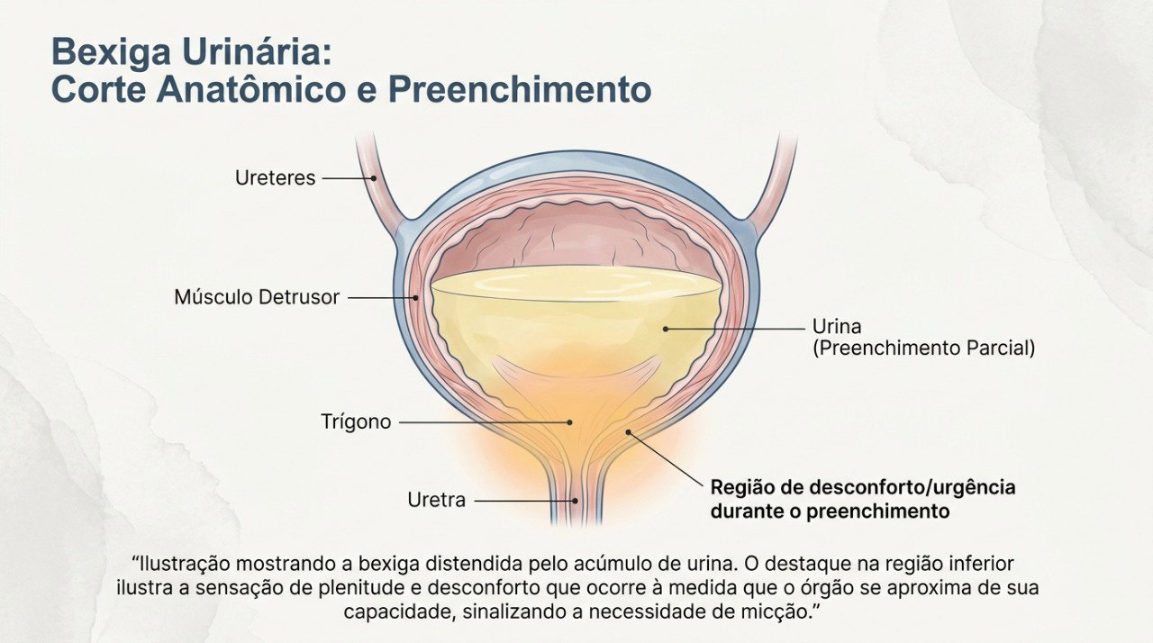 O enchimento da bexiga pode provocar dor ou pressão quando o órgão está mais sensível.