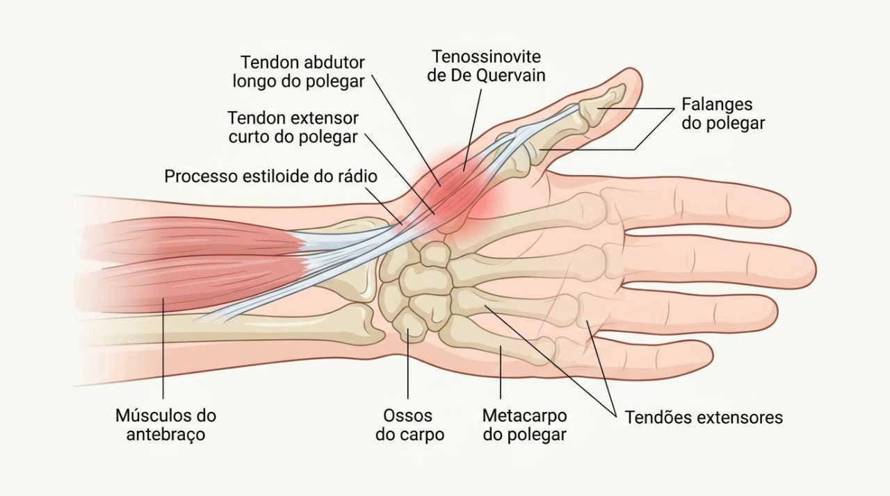 A tenossinovite de De Quervain afeta os tendões próximos à base do polegar e pode causar dor ao movimentar o punho.