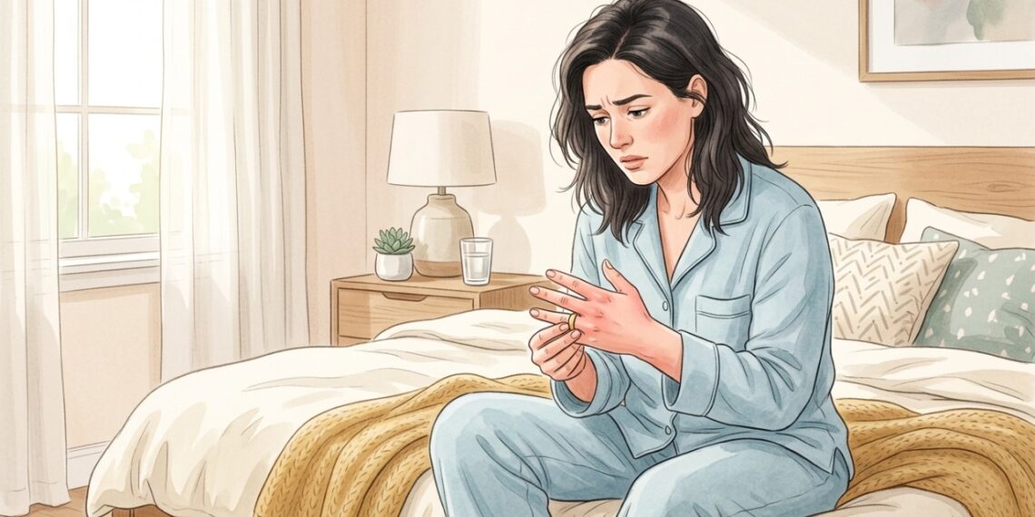 Dedos inchados e anéis apertados ao acordar podem acompanhar a rigidez matinal das mãos.