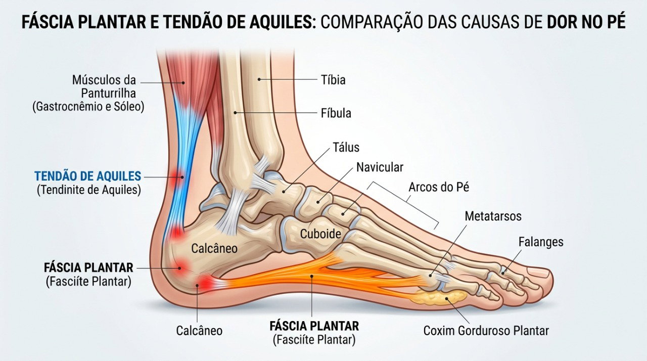 A dor atrás do calcanhar pode envolver o tendão de Aquiles, enquanto a dor na sola pode indicar fascite plantar.