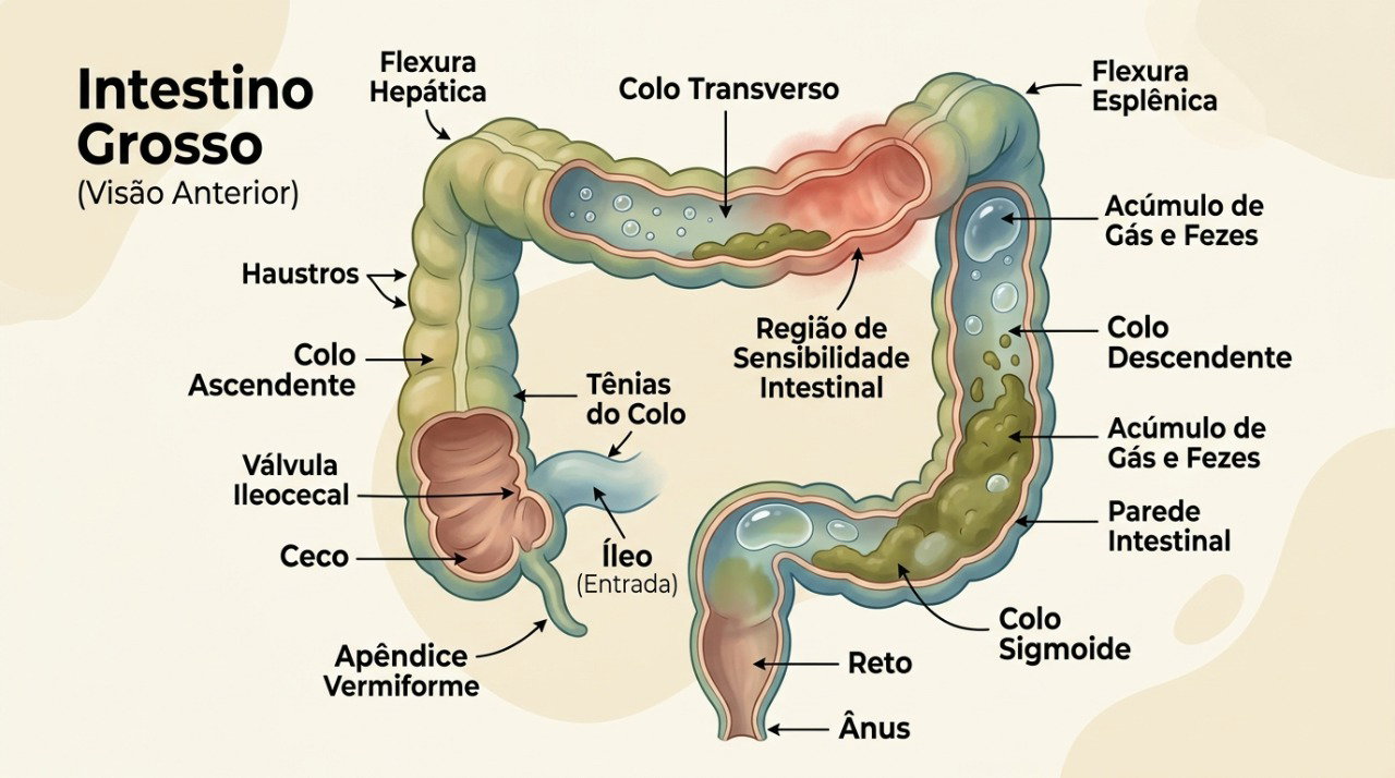 O acúmulo de gases e fezes e a sensibilidade intestinal podem contribuir para cólicas e desconforto abdominal.