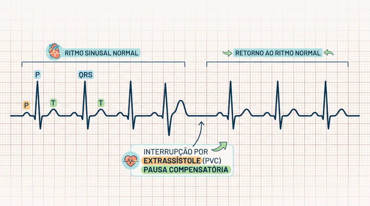 O eletrocardiograma pode identificar extrassístoles e outras alterações do ritmo cardíaco.