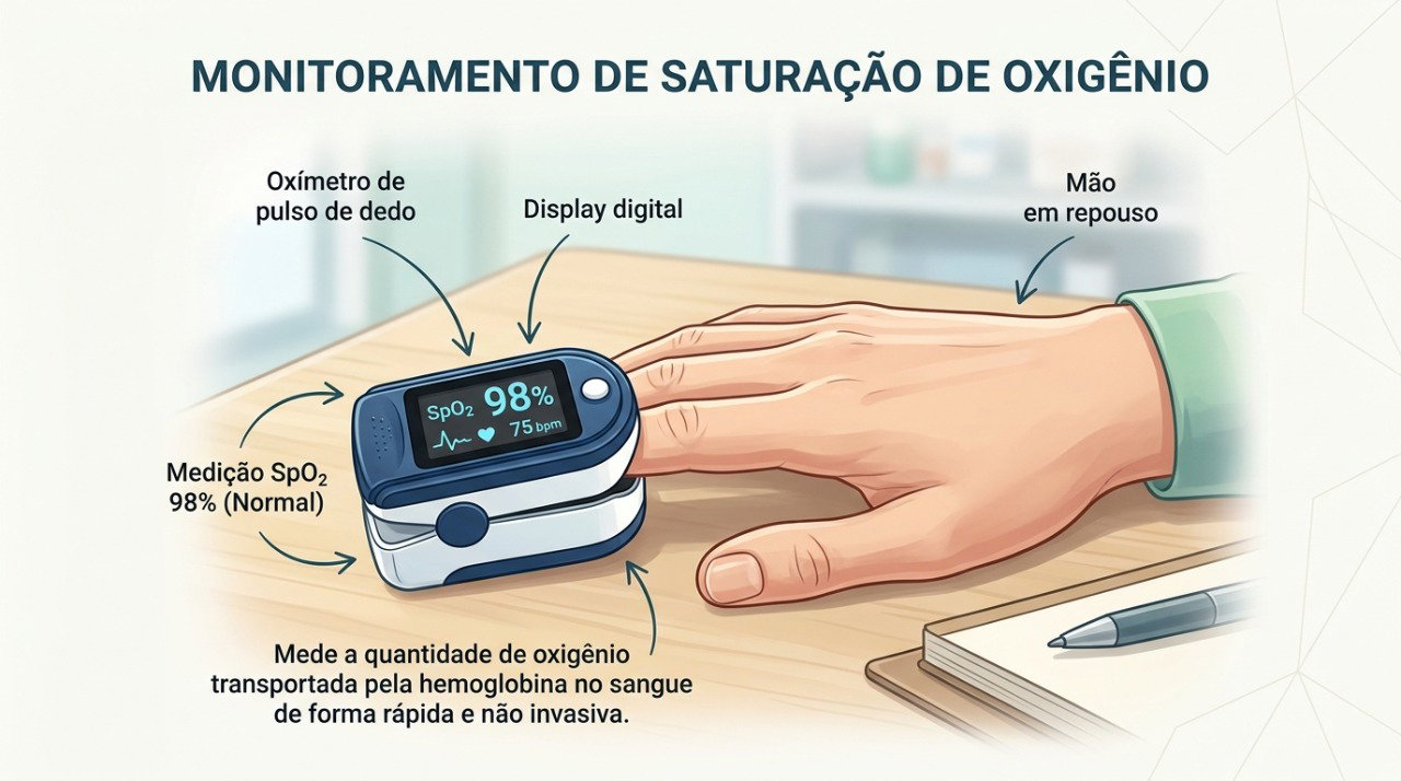 O oxímetro estima a saturação de oxigênio, mas uma leitura normal não descarta problemas respiratórios.