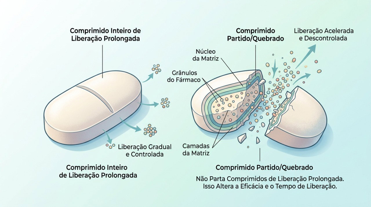 Partir ou triturar comprimidos de liberação prolongada pode alterar a forma como o medicamento age no organismo.
