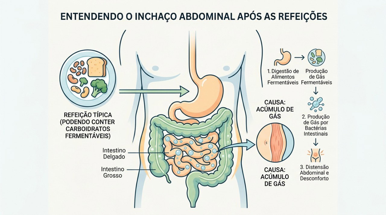 O acúmulo de gases intestinais pode contribuir para a sensação de barriga inchada após as refeições.