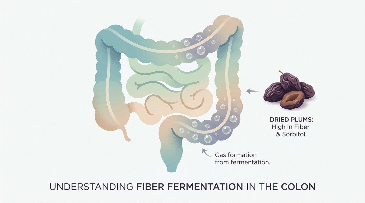 As fibras e o sorbitol da ameixa seca podem favorecer o funcionamento intestinal, mas também aumentar a produção de gases.