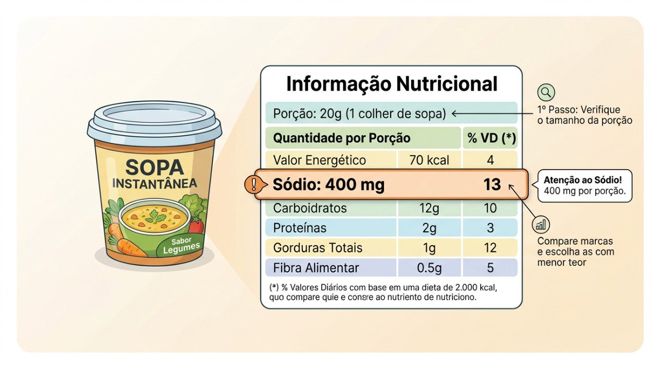 A tabela nutricional informa a quantidade de sódio por porção e ajuda a calcular o consumo total.