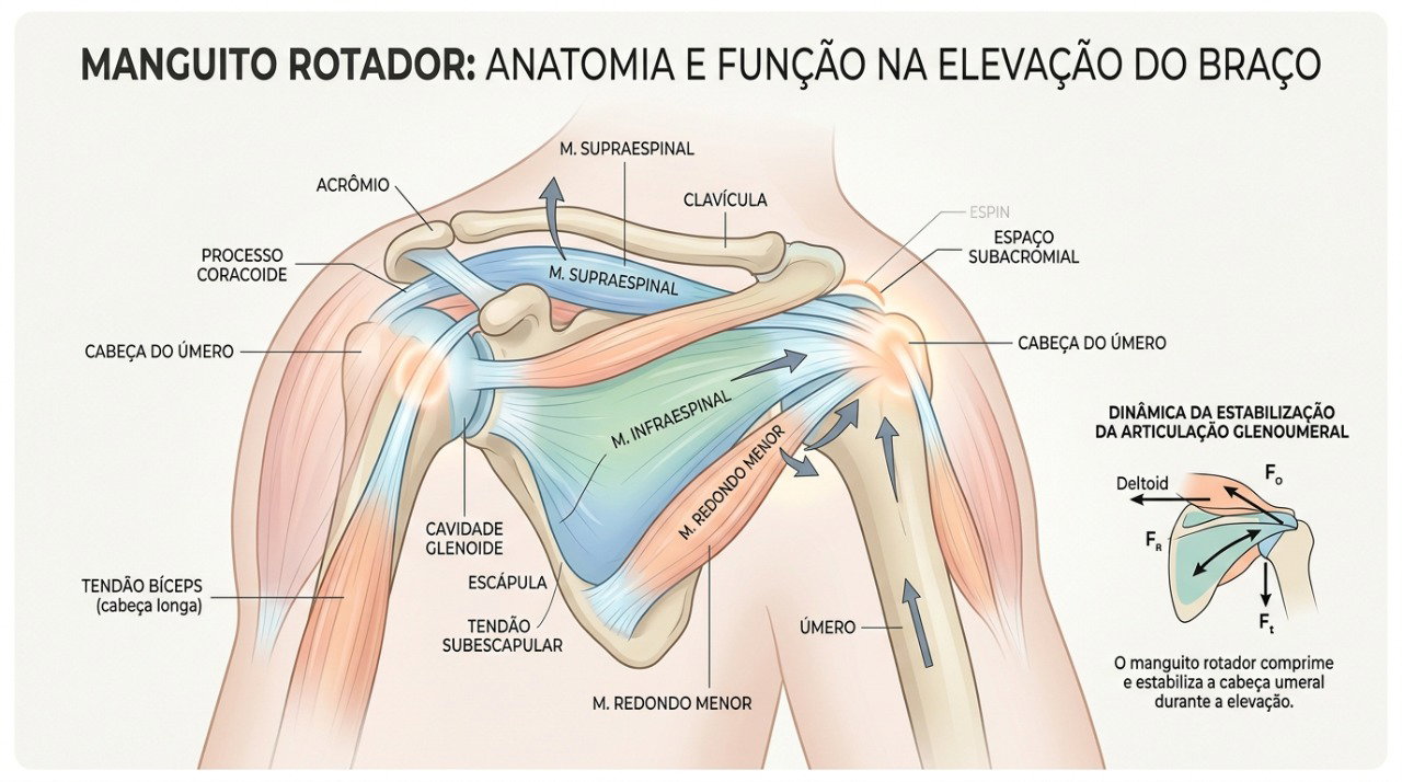 Os músculos e tendões do manguito rotador ajudam a estabilizar o ombro durante a elevação do braço.
