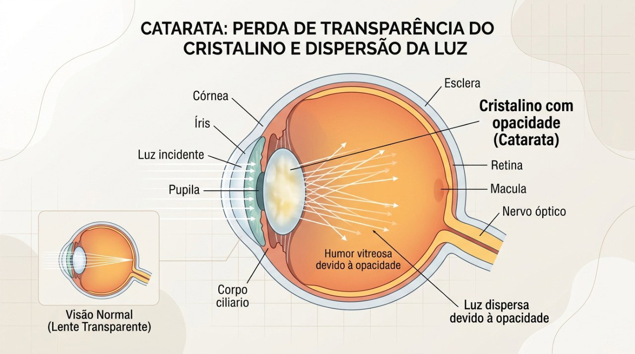 A catarata reduz a transparência do cristalino e pode provocar ofuscamento e halos ao redor das luzes.