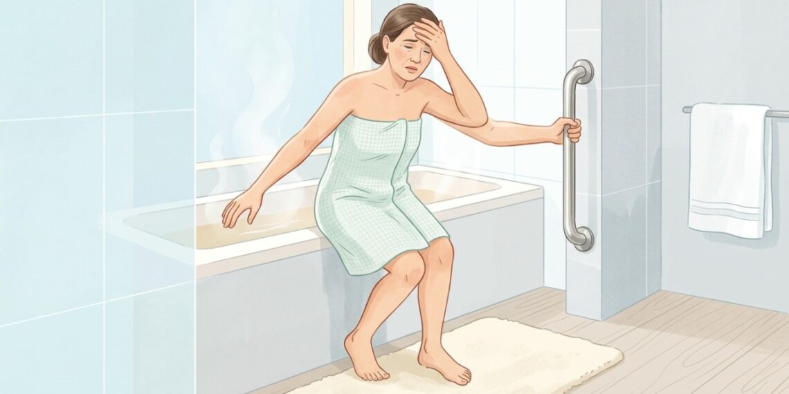 O calor do banho e a queda de pressão ao levantar podem provocar tontura e aumentar o risco de quedas.