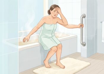 O calor do banho e a queda de pressão ao levantar podem provocar tontura e aumentar o risco de quedas.