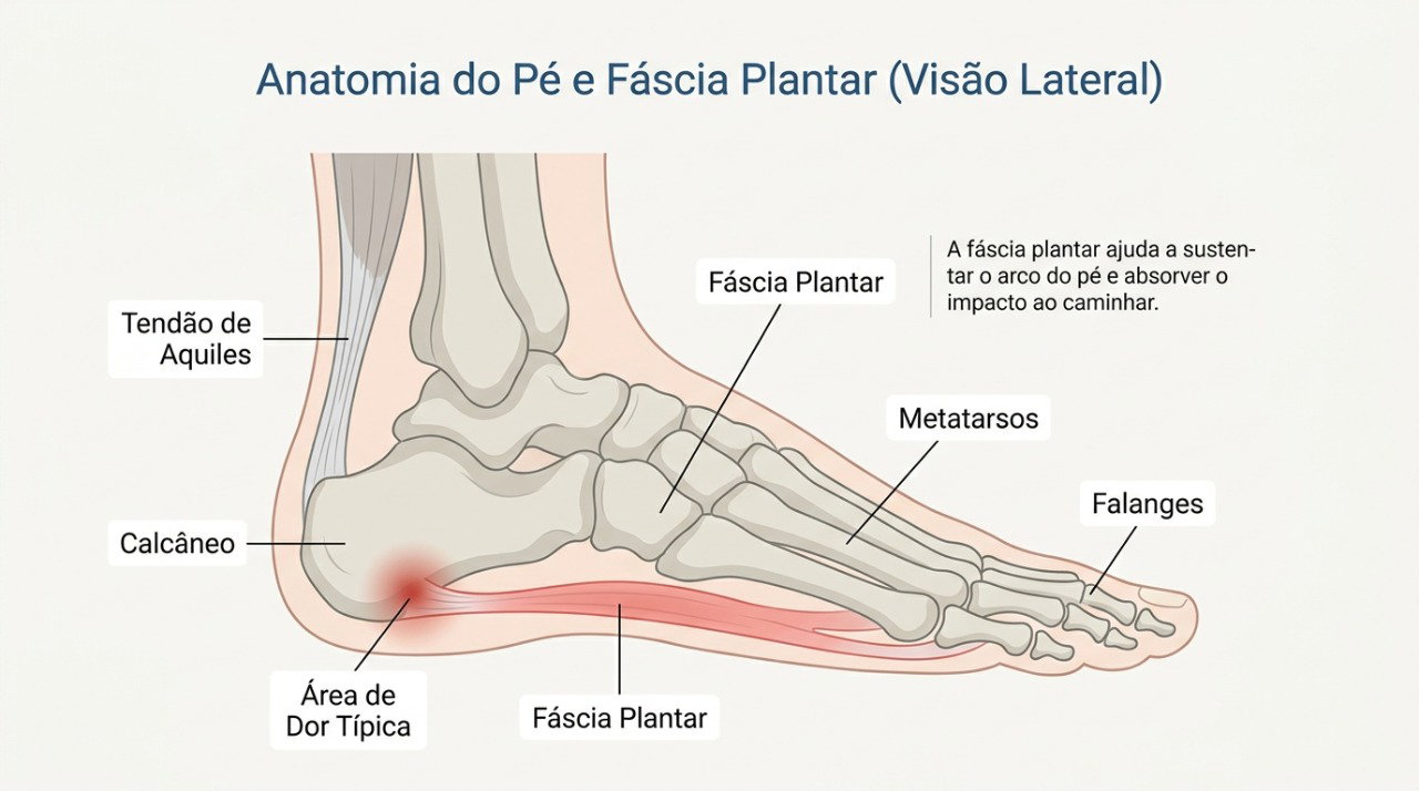 A sobrecarga da fáscia plantar pode provocar dor perto do calcanhar, especialmente após períodos de repouso.