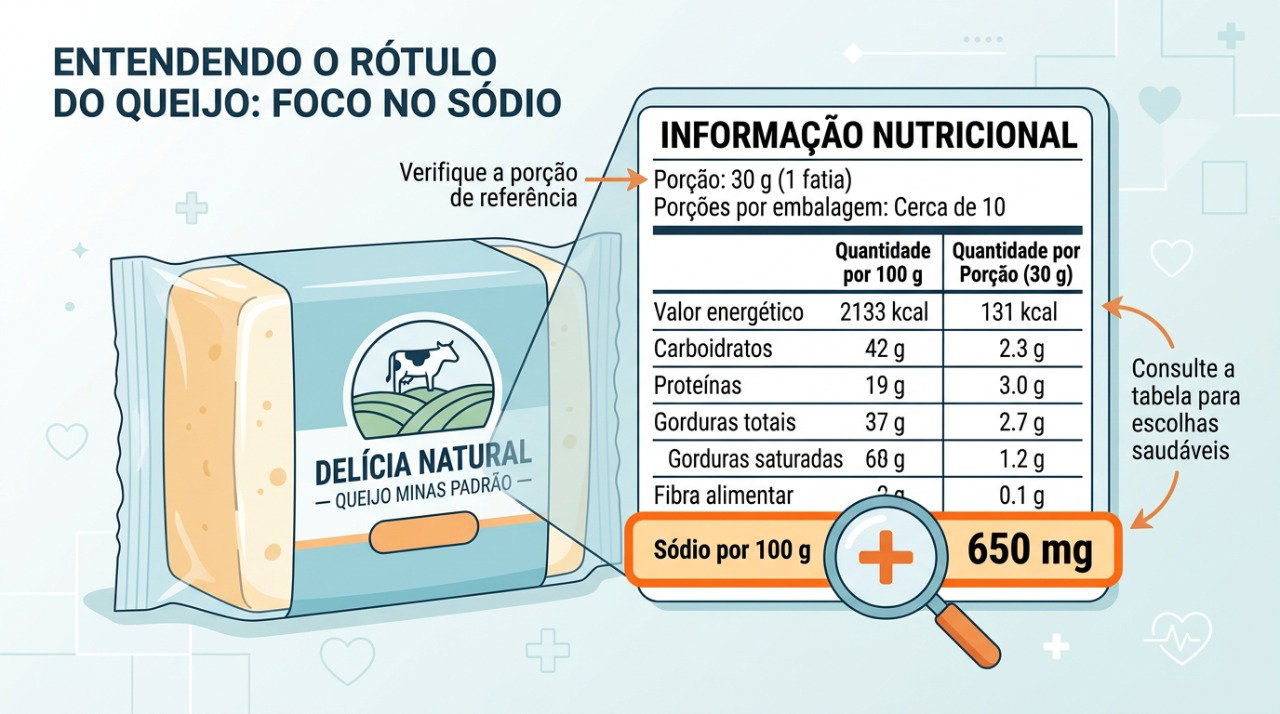 Comparar o sódio por 100 gramas ajuda a identificar diferenças entre queijos.
