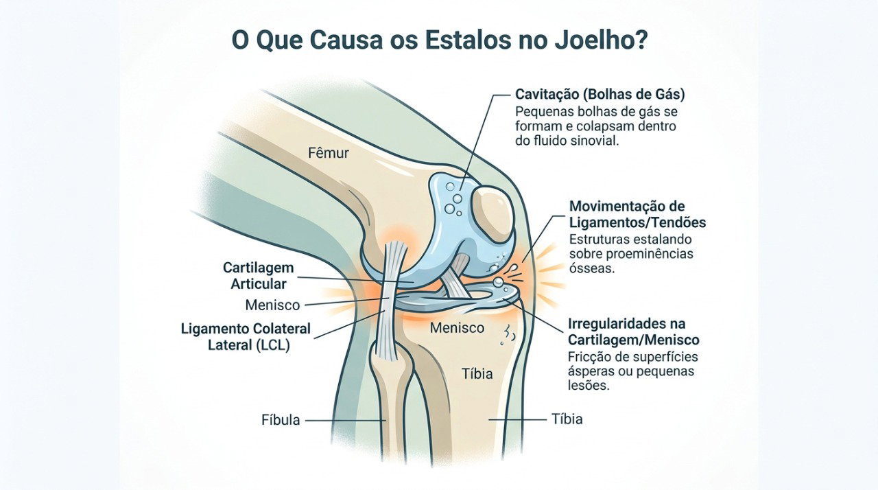Os estalos podem surgir pelo movimento de estruturas do joelho sem indicar necessariamente uma lesão.