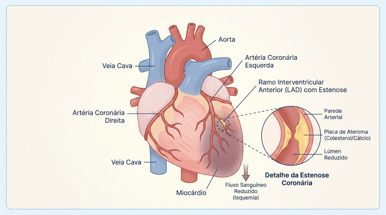 O estreitamento das artérias coronárias pode reduzir o fluxo de sangue para o coração e provocar angina durante o esforço.