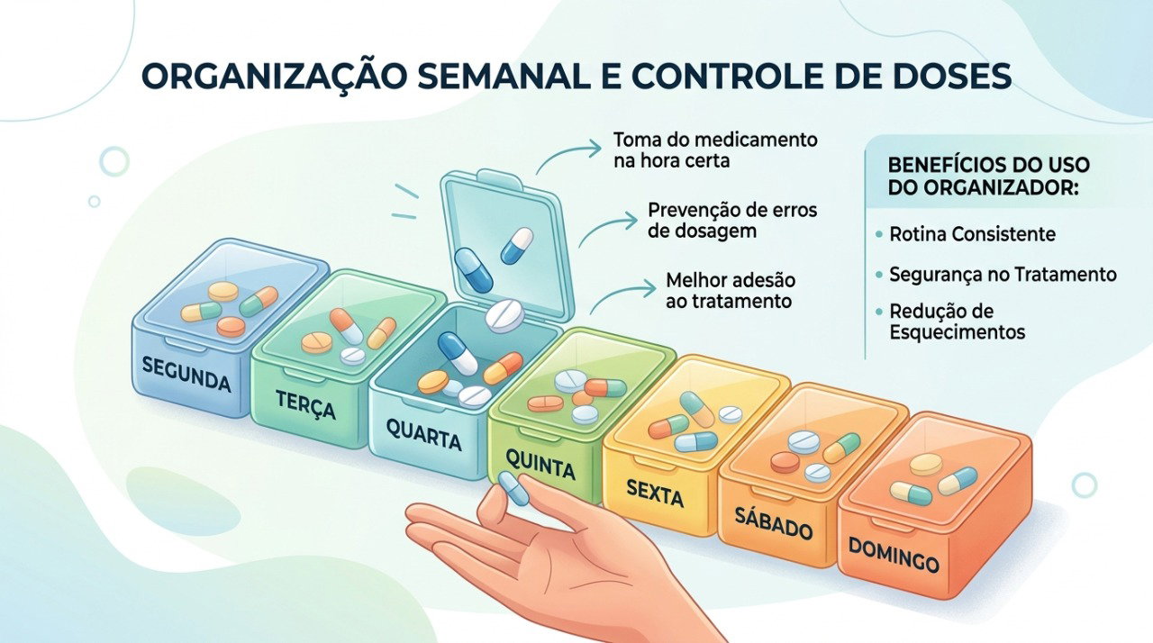 Organizadores de medicamentos preenchidos corretamente ajudam a controlar as doses e evitar tomadas duplicadas.