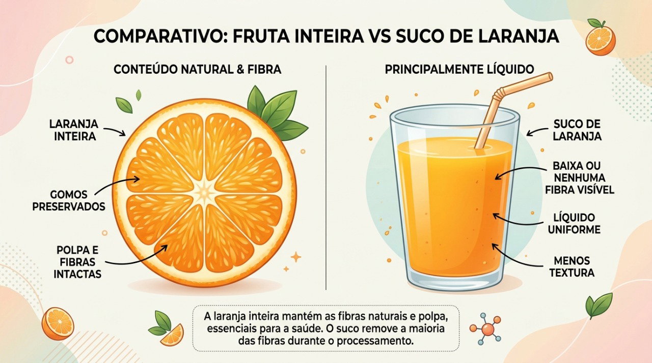 A laranja inteira preserva mais fibras, enquanto o suco concentra os carboidratos em uma porção líquida.