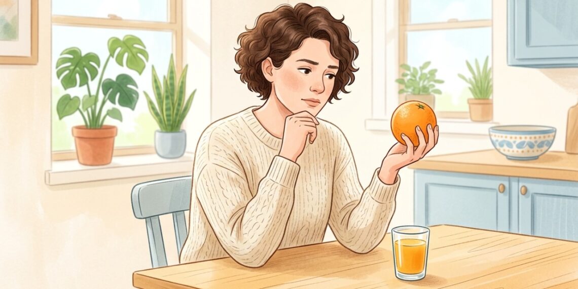 A laranja inteira preserva as fibras e facilita o controle das porções para quem tem diabetes.