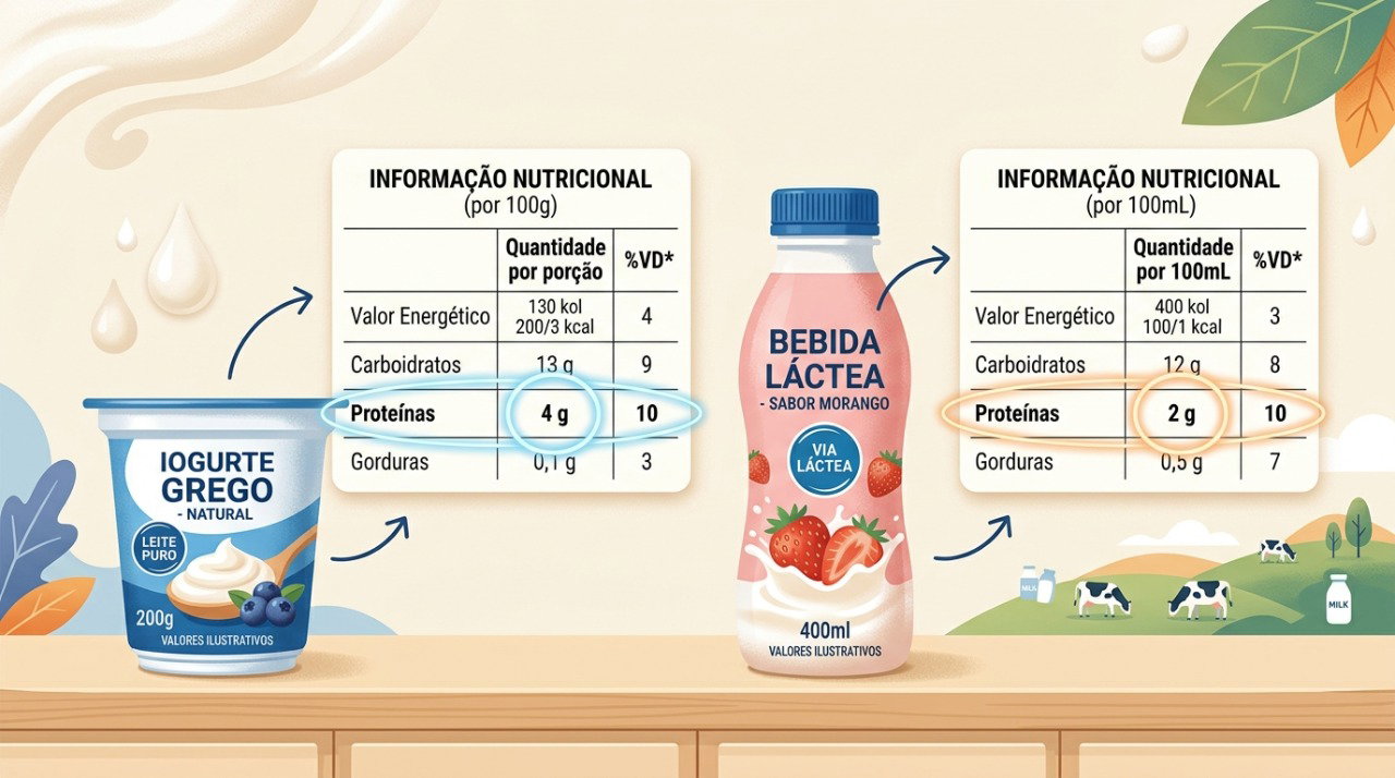 A tabela nutricional permite comparar a concentração de proteínas e calcular a quantidade fornecida por embalagem.