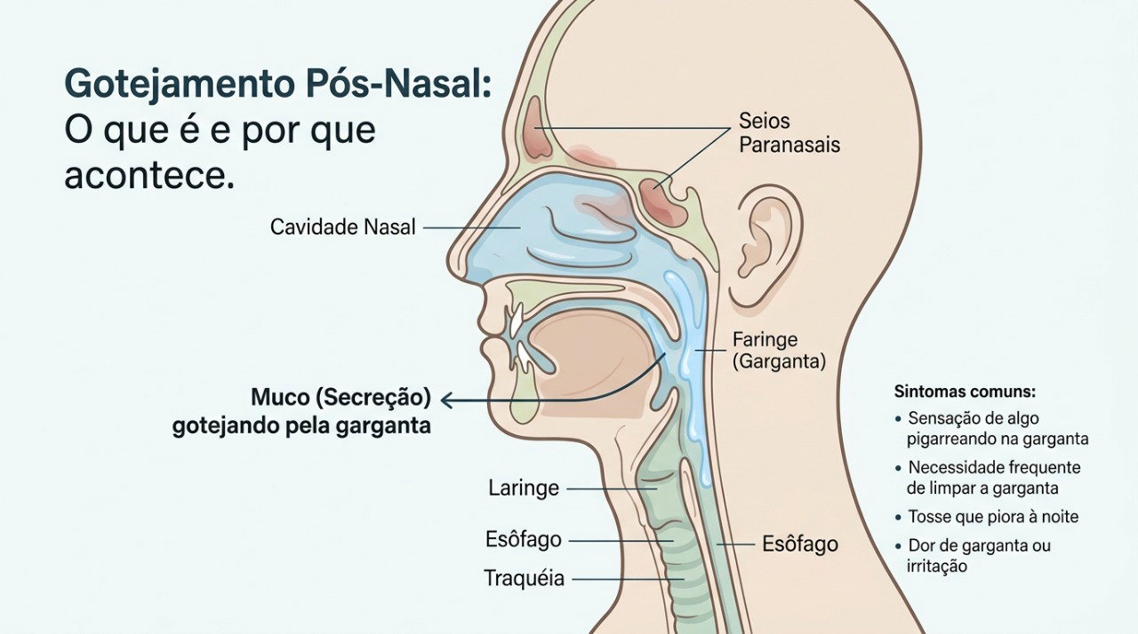 O gotejamento pós-nasal ocorre quando o muco escorre pela parte de trás da garganta, podendo estimular a tosse.