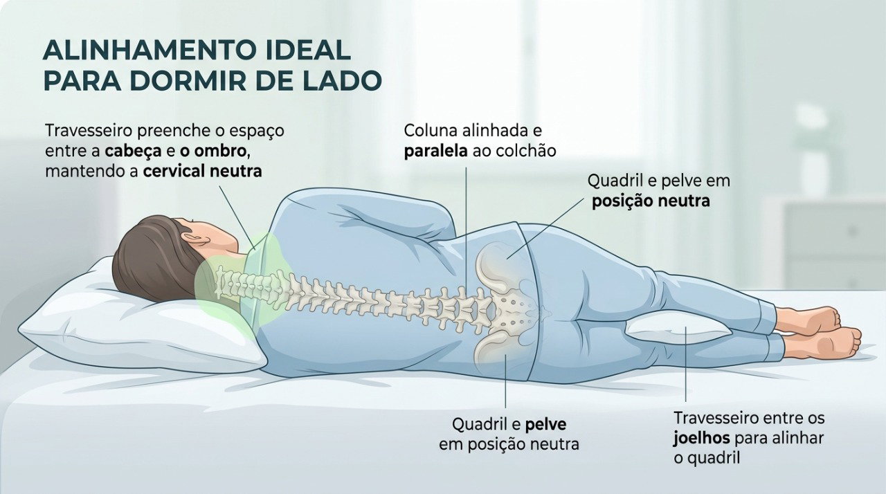 Um travesseiro com altura adequada pode ajudar a manter o pescoço alinhado durante o sono.