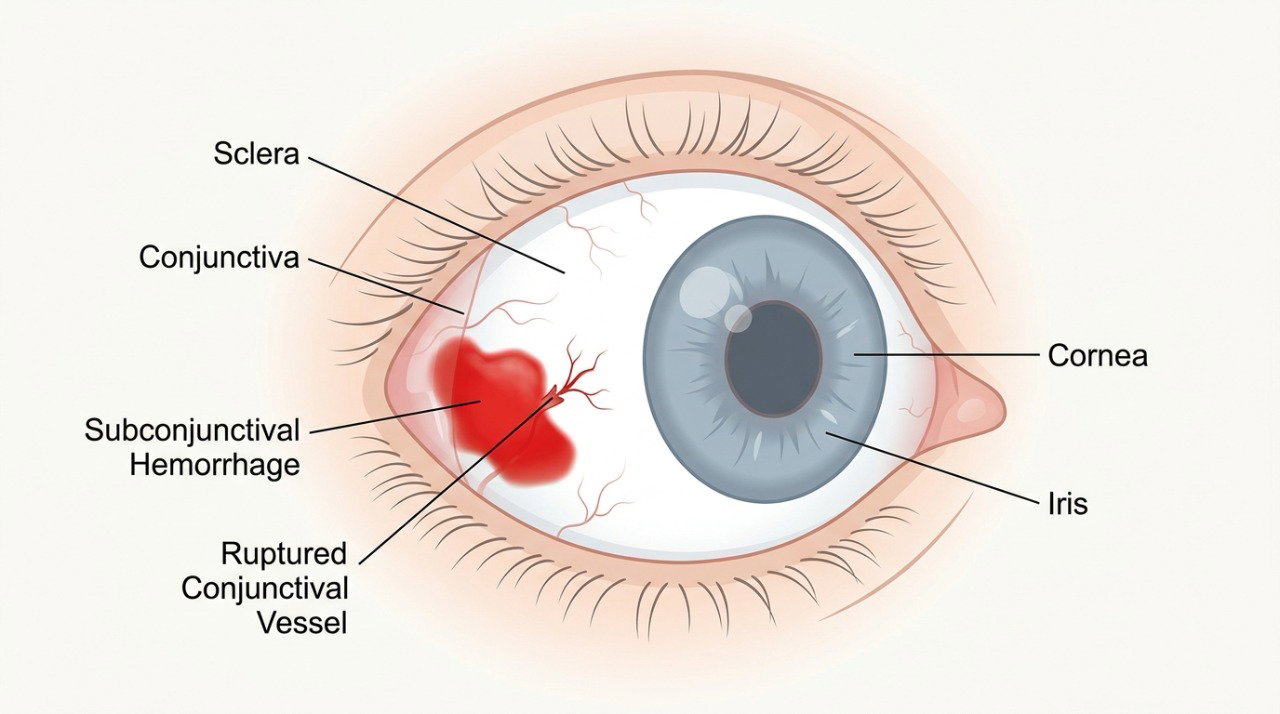 A hemorragia subconjuntival ocorre quando um pequeno vaso se rompe e libera sangue sob a conjuntiva.
