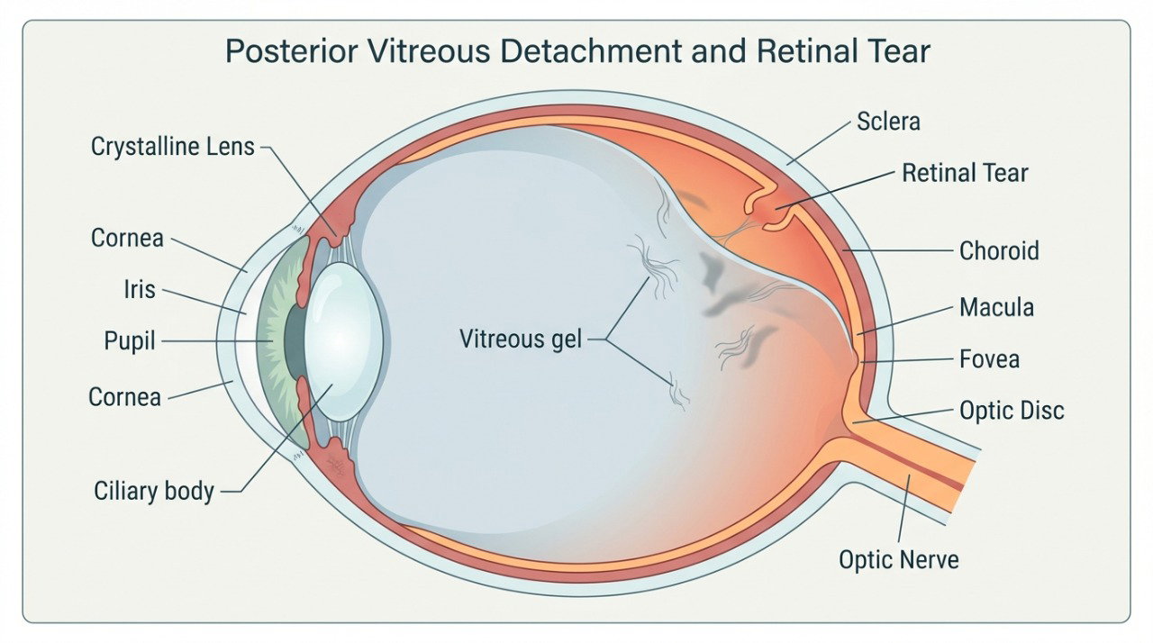Alterações no vítreo podem causar moscas volantes e, em alguns casos, provocar rupturas na retina.