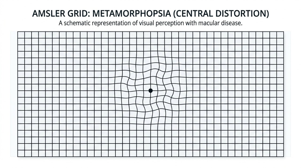 A grade de Amsler ajuda a identificar distorções visuais, como linhas que parecem curvas ou onduladas.