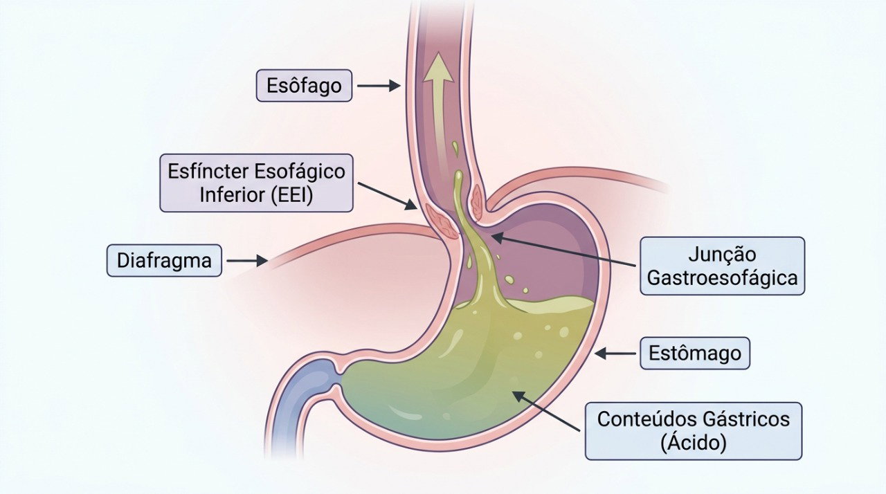 O refluxo gastroesofágico ocorre quando o conteúdo do estômago retorna pelo esôfago, podendo chegar até a boca.