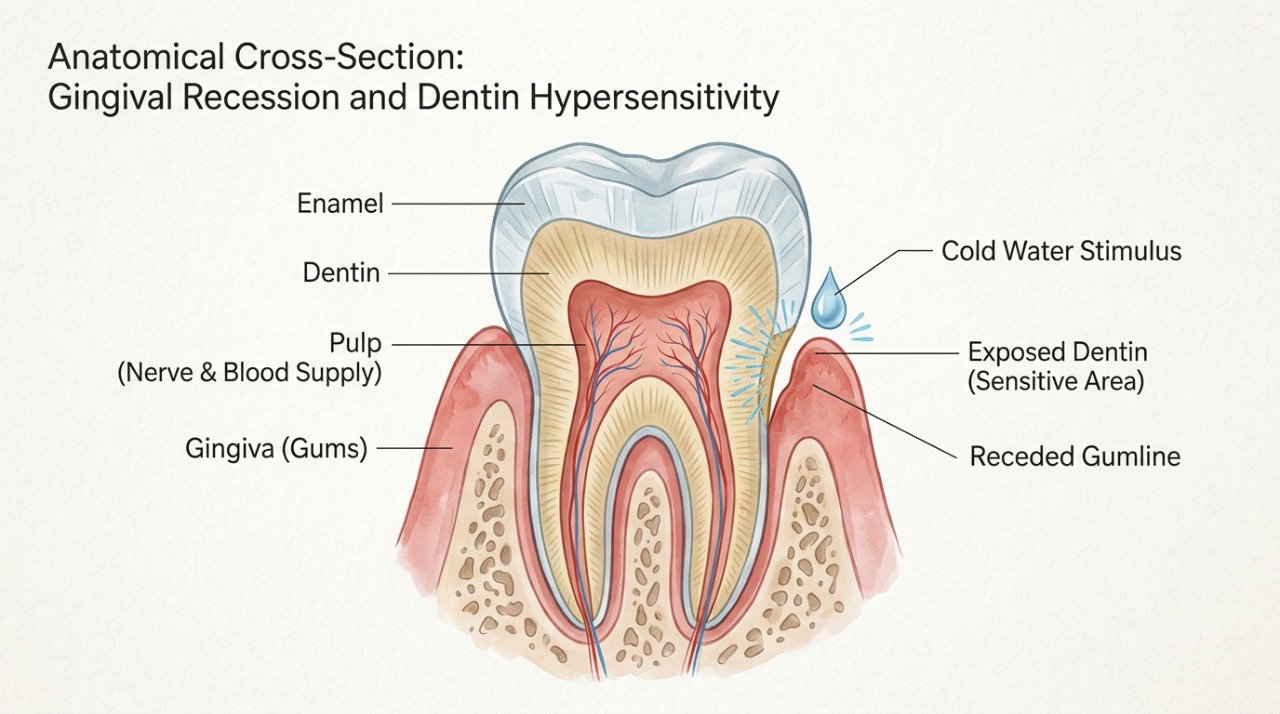 A exposição da dentina pode provocar dor rápida quando o dente entra em contato com água gelada.