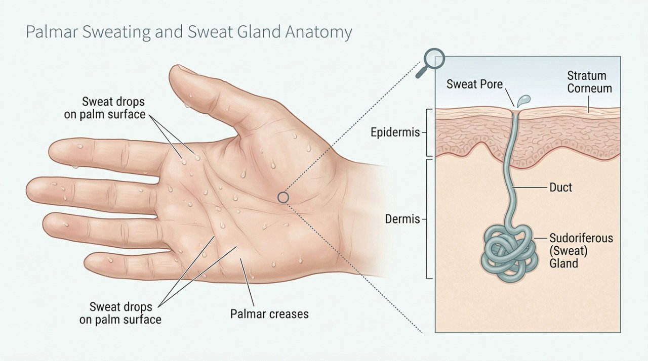 Na hiperidrose palmar, as glândulas sudoríparas produzem suor excessivo mesmo sem necessidade de resfriar o corpo.