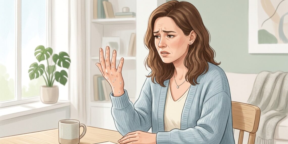 Suor excessivo nas palmas das mãos, mesmo sem calor, pode ser sinal de hiperidrose palmar.