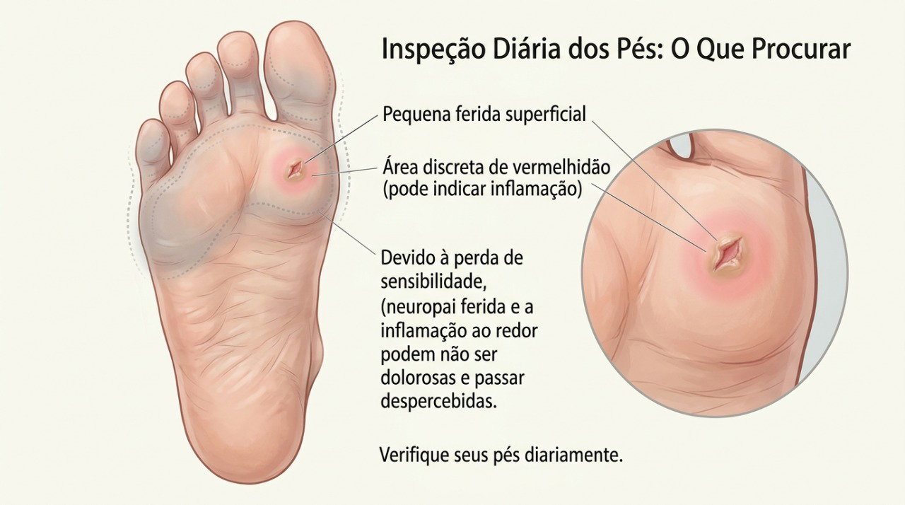 A neuropatia diabética pode reduzir a sensibilidade e fazer com que pequenos machucados nos pés passem despercebidos.