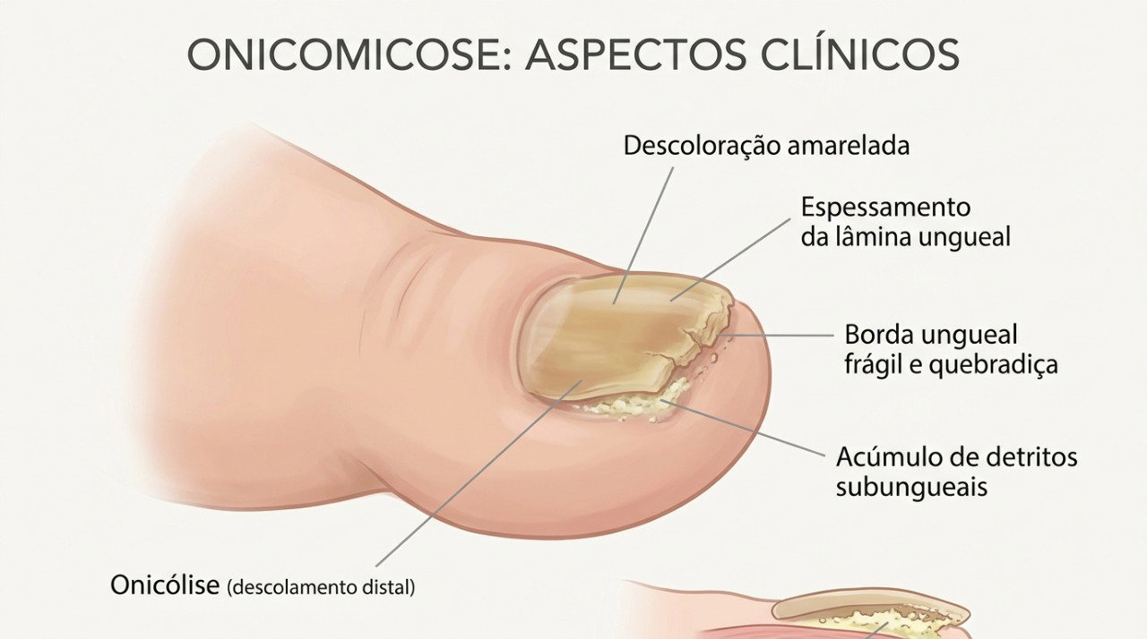 Espessamento, mudança de cor e descolamento são possíveis sinais de micose na unha, que exige confirmação diagnóstica.