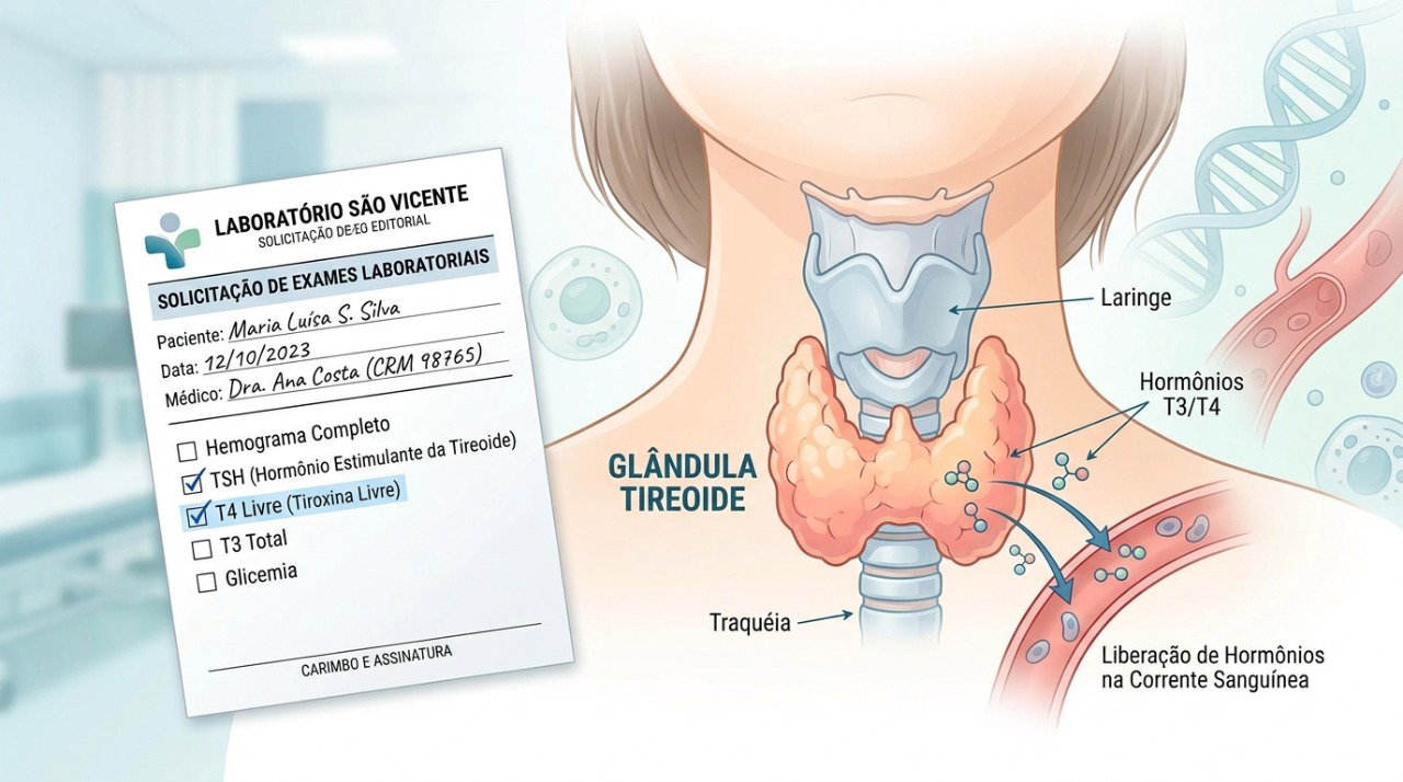 Os exames de TSH e T4 livre ajudam a investigar possíveis alterações no funcionamento da tireoide.