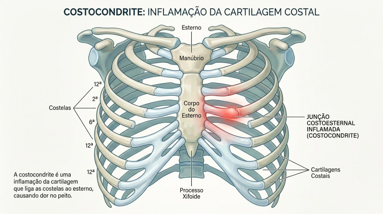 A costocondrite provoca dor e sensibilidade na região onde as cartilagens das costelas se ligam ao esterno.