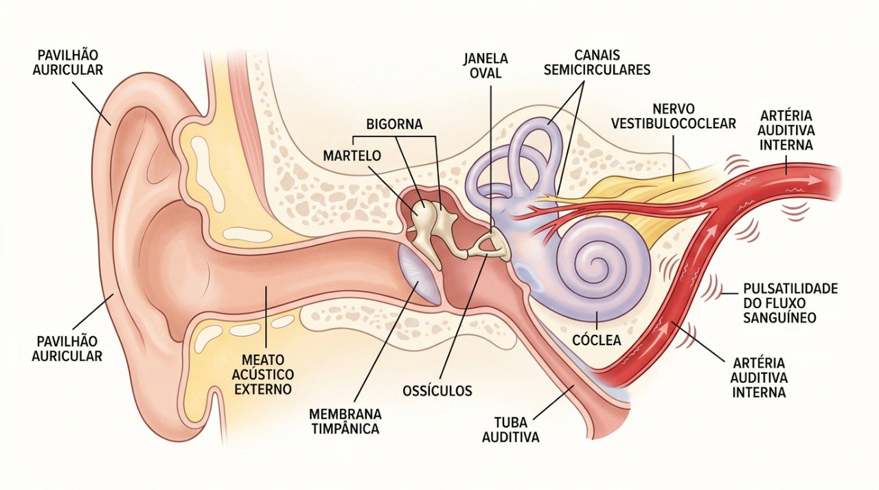 O zumbido pulsátil pode estar relacionado à percepção do fluxo sanguíneo em vasos próximos ao ouvido.