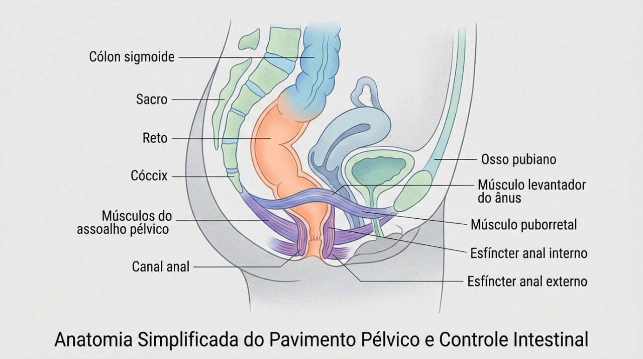 Os músculos do assoalho pélvico ajudam a controlar a evacuação e podem ser fortalecidos com fisioterapia especializada.