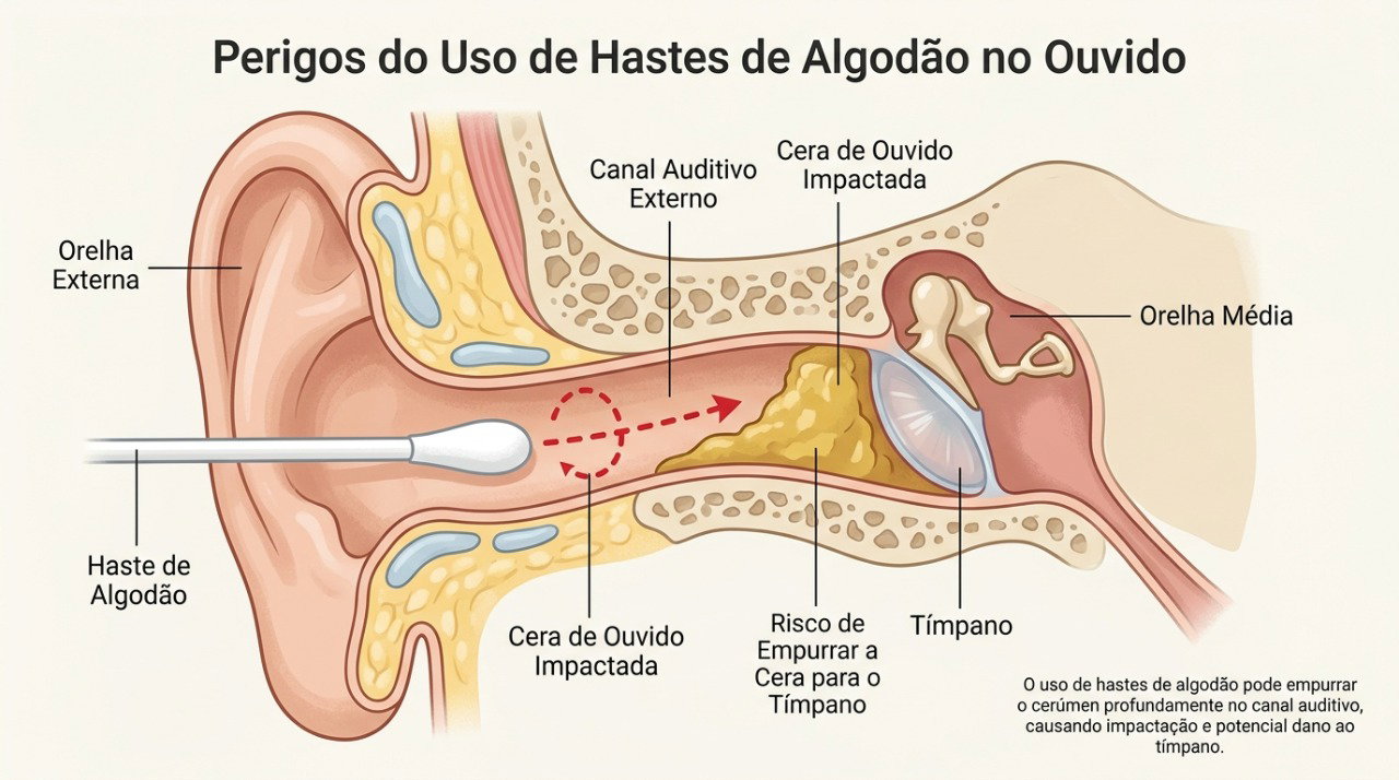 O cotonete pode compactar a cera no canal auditivo, formando um tampão que dificulta a passagem do som.