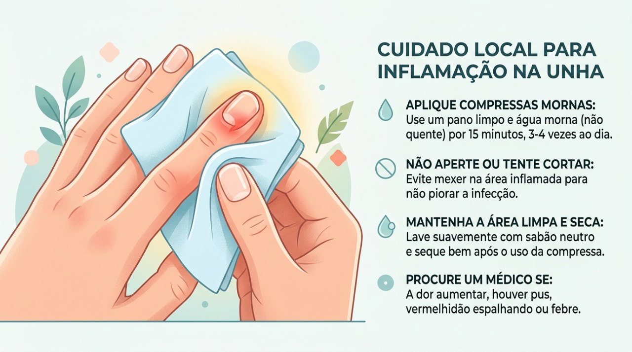 Compressas mornas podem ajudar nos cuidados locais quando o inchaço é leve e não há pus.