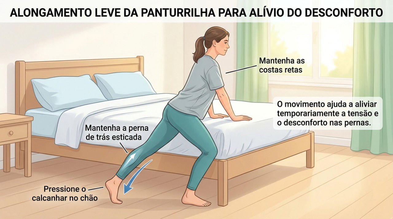 Alongamentos leves e movimentos das pernas podem proporcionar alívio temporário do desconforto.