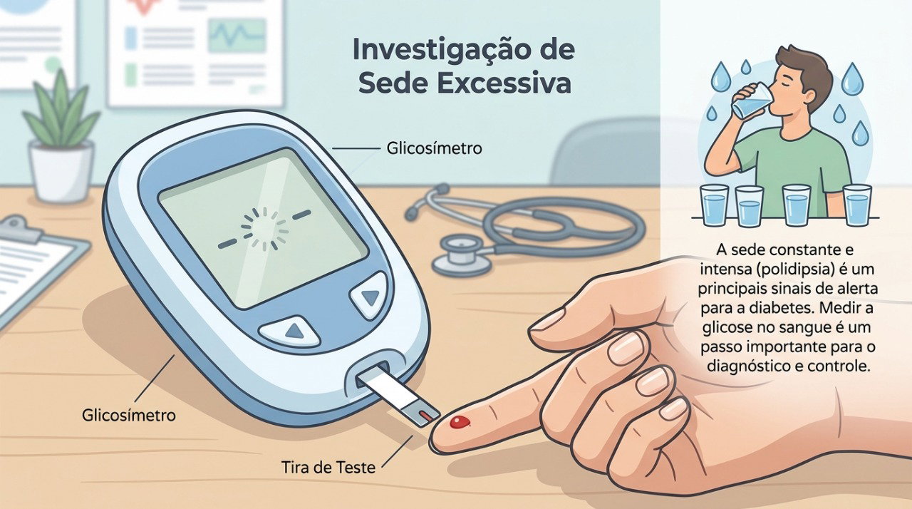 A avaliação da glicose no sangue pode ajudar a investigar a sede excessiva acompanhada de vontade frequente de urinar.