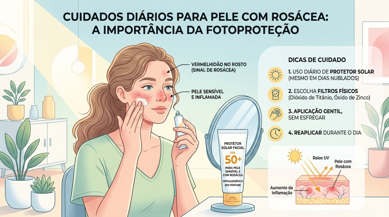 O uso diário de protetor solar ajuda a proteger a pele sensível e a controlar fatores que agravam a rosácea.