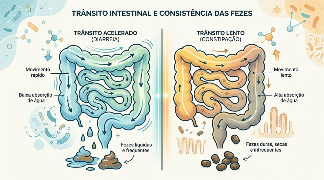 Mudanças no trânsito intestinal podem provocar períodos alternados de diarreia e constipação.