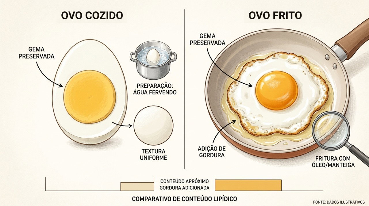 O colesterol da gema permanece, mas a fritura pode acrescentar gordura saturada e calorias.