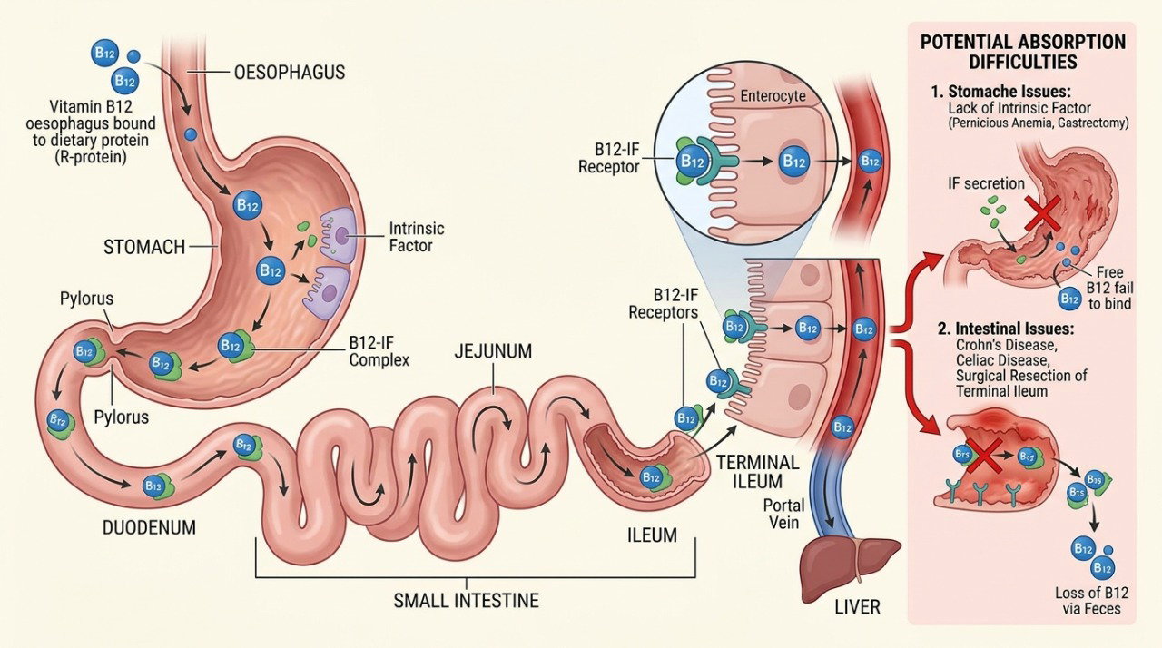 Problemas no estômago ou intestino podem dificultar a absorção da vitamina B12.